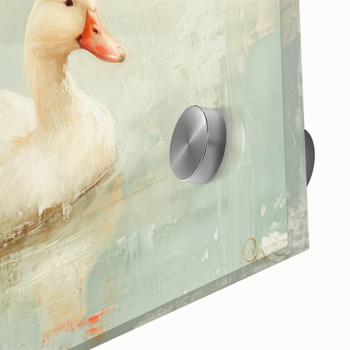 Close-up of a vibrant acrylic glass wall art piece featuring an intricate duck design, showcasing vivid colors and fine details, perfect for enhancing any modern decor.