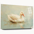 Side view of a vibrant acrylic glass wall art piece showcasing a duck design, elegantly mounted with pins, perfect for modern home decor.