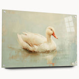 Side view of a vibrant acrylic glass wall art piece showcasing a duck design, elegantly mounted with pins, perfect for modern home decor.