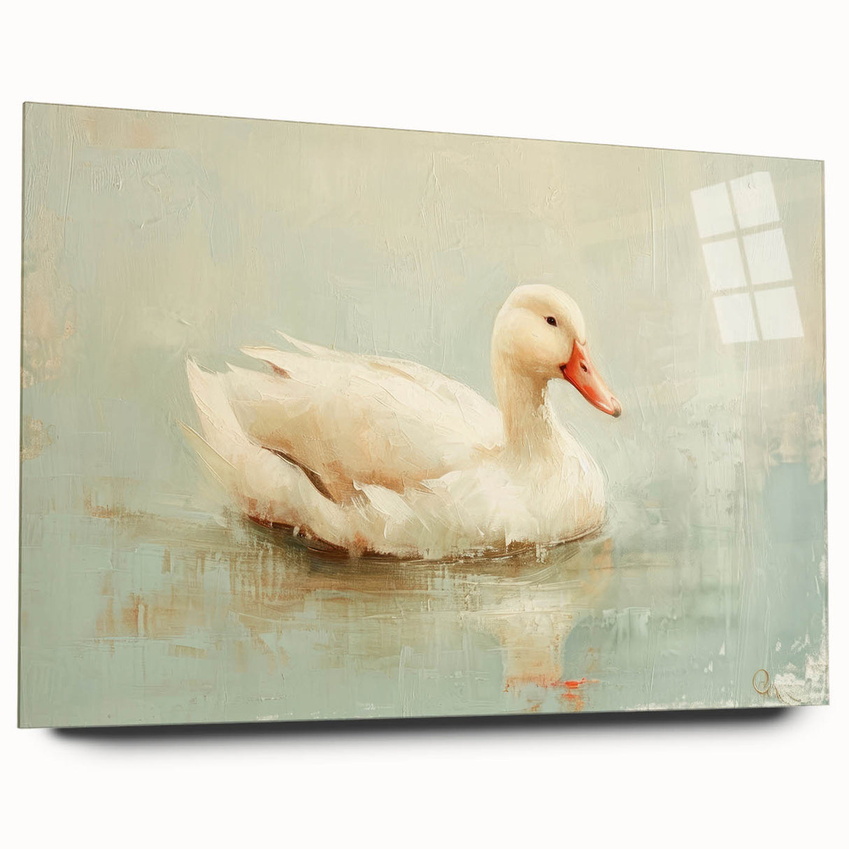 Acrylic glass wall art collection showcasing a vibrant duck design. The artwork features a side view without pins, highlighting its glossy finish and colorful details. Perfect for adding a touch of nature-inspired decor to any room.