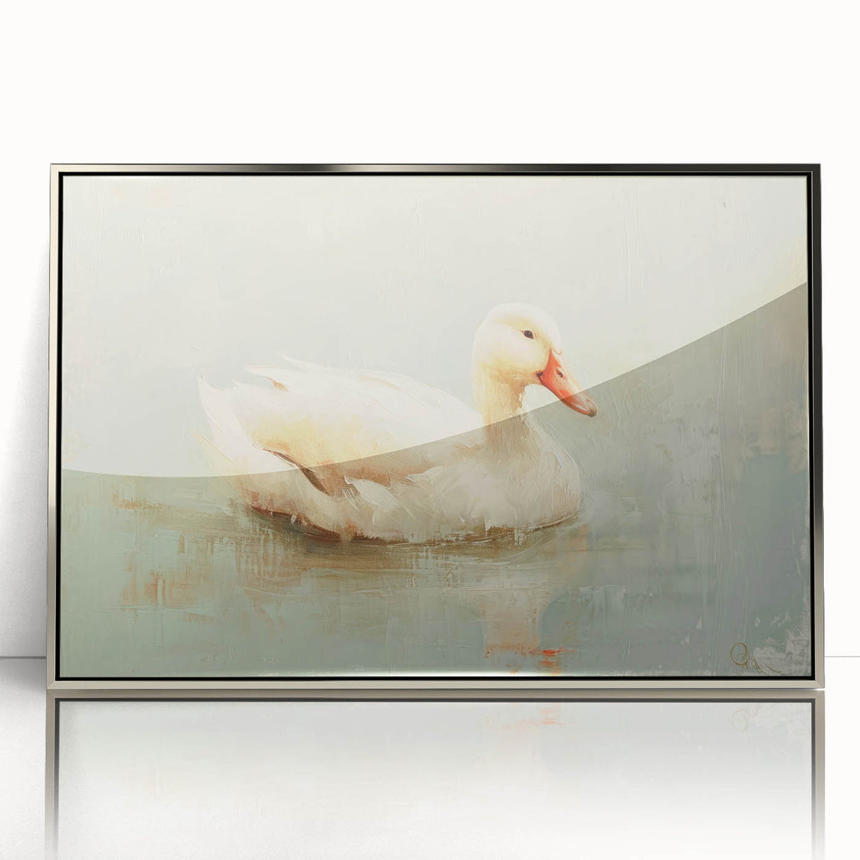 Framed wall art showcasing a stylish duck design in silver acrylic, perfect for modern decor. The piece highlights vibrant colors against a sleek background, adding a touch of elegance to any space.