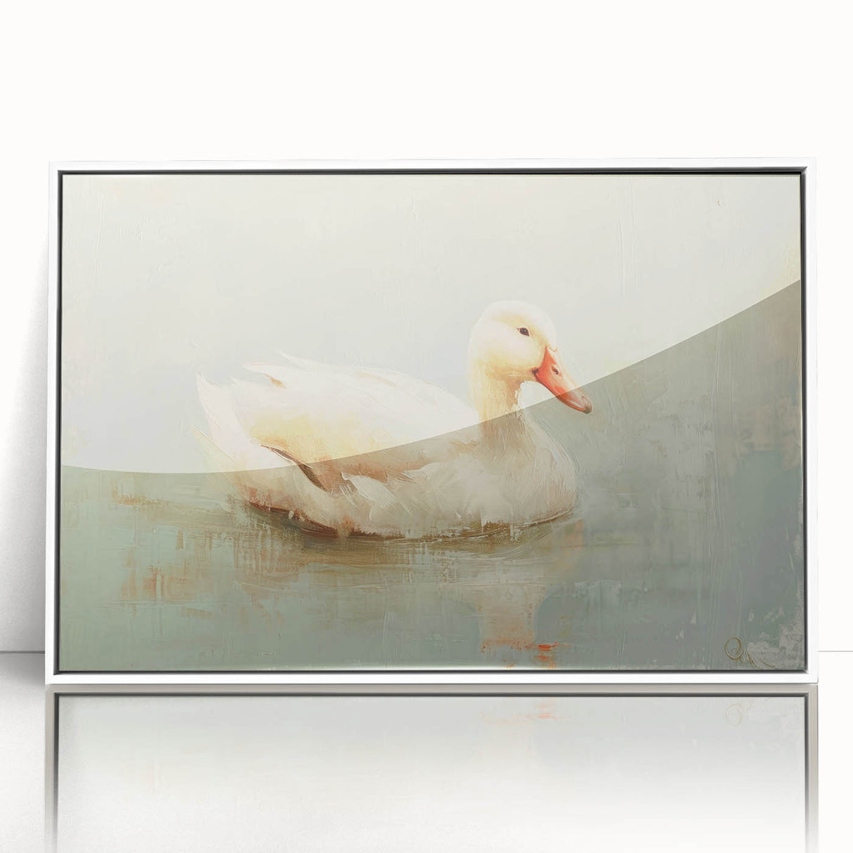 Framed wall art featuring a whimsical duck design in vibrant colors, showcased in a sleek white frame, perfect for adding a playful touch to modern decor.