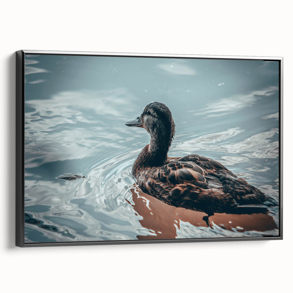 Framed wall art featuring a duck design in a black frame, showcasing vibrant colors and intricate details, ideal for home decor enthusiasts and art collectors.