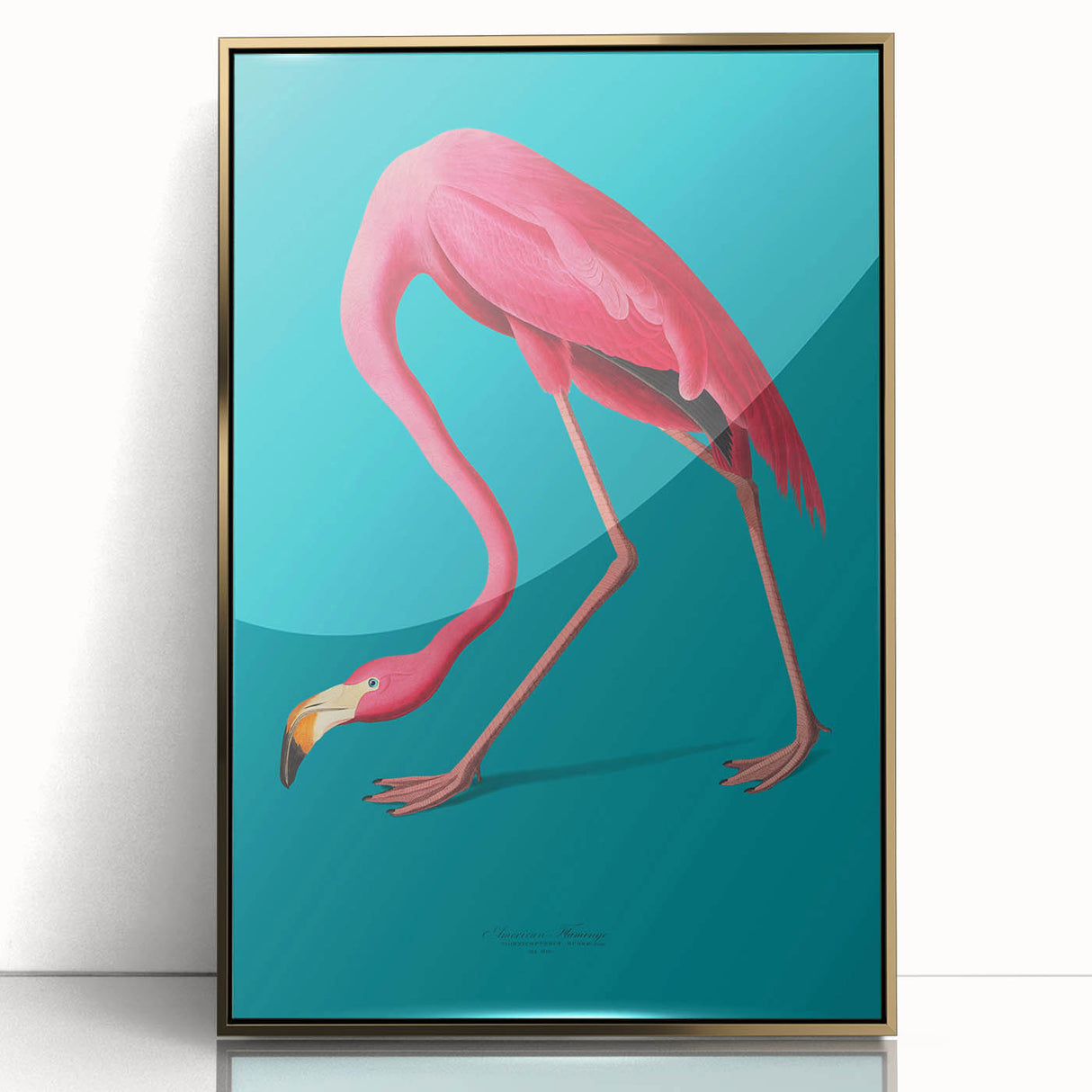 Framed wall art featuring a vibrant flamingo design in pastel colors, elegantly displayed with a gold-acrylic frame, perfect for adding a tropical touch to home decor.