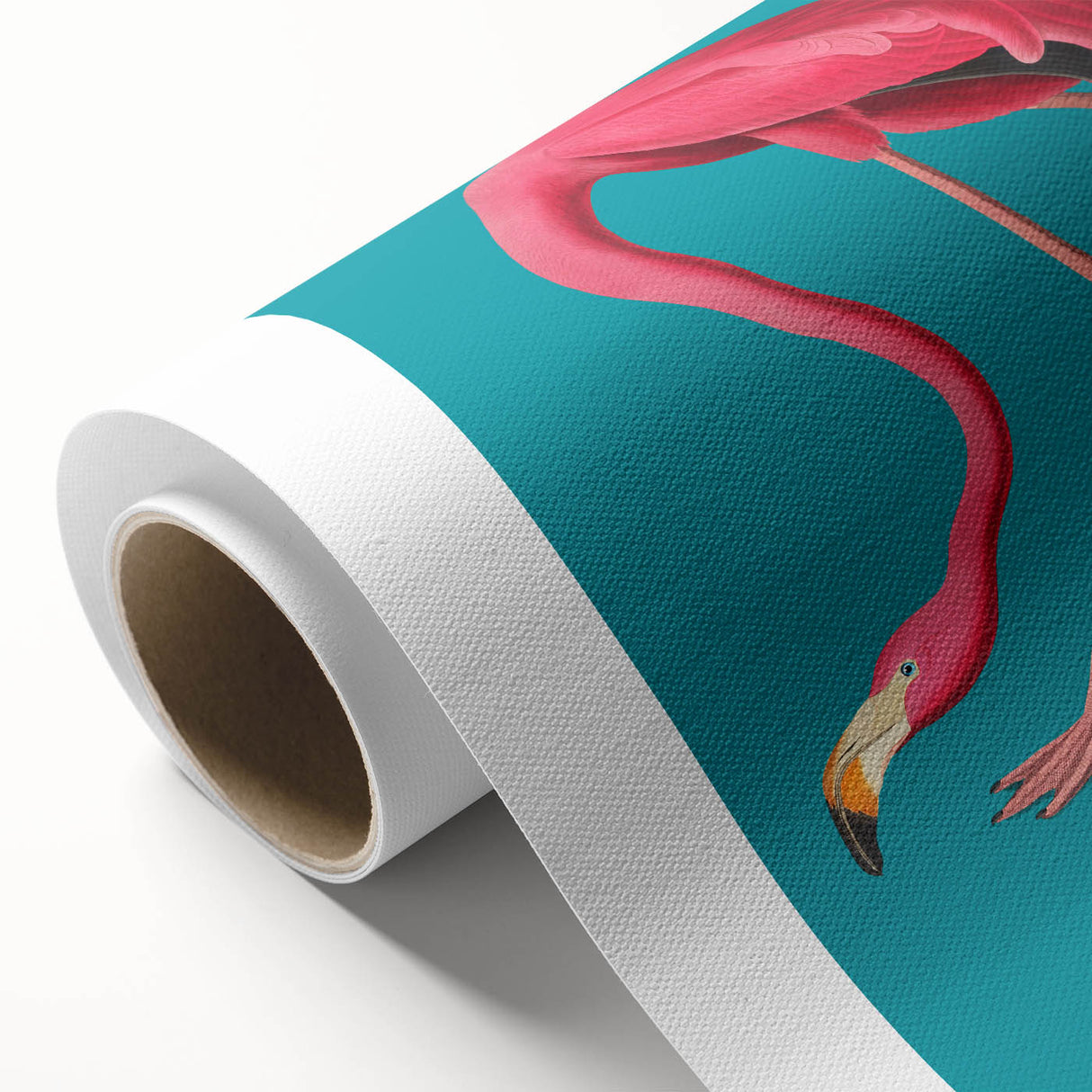 Vibrant rolled canvas wall art showcasing a stylish flamingo design, featuring intricate details and bright colors, perfect for modern home decor or art enthusiasts.