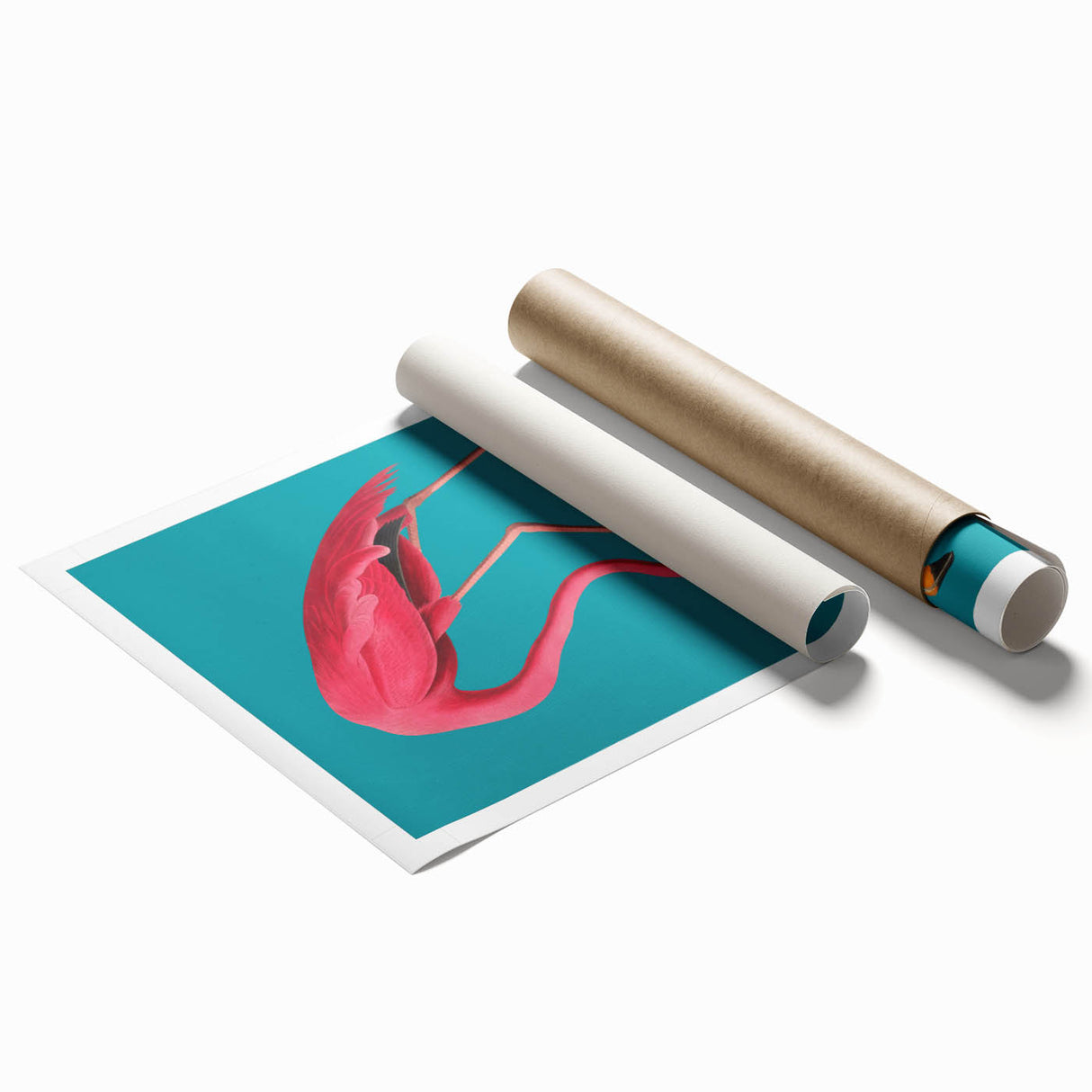 Flamingo wall art design featuring vibrant pink and green colors, showcasing a tropical theme, printed on high-quality rolled canvas for stylish decor.