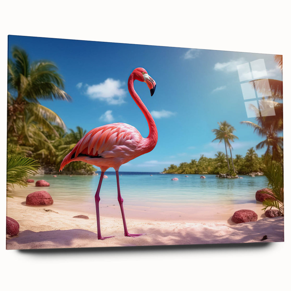 Elegant wall art featuring a vibrant flamingo design in acrylic glass, showcasing a side view without pins, perfect for modern home decor. Ideal for adding a tropical touch to any living space.