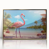 Framed wall art featuring a vibrant flamingo design with a gold-accented acrylic front, perfect for adding a tropical touch to any modern home decor.