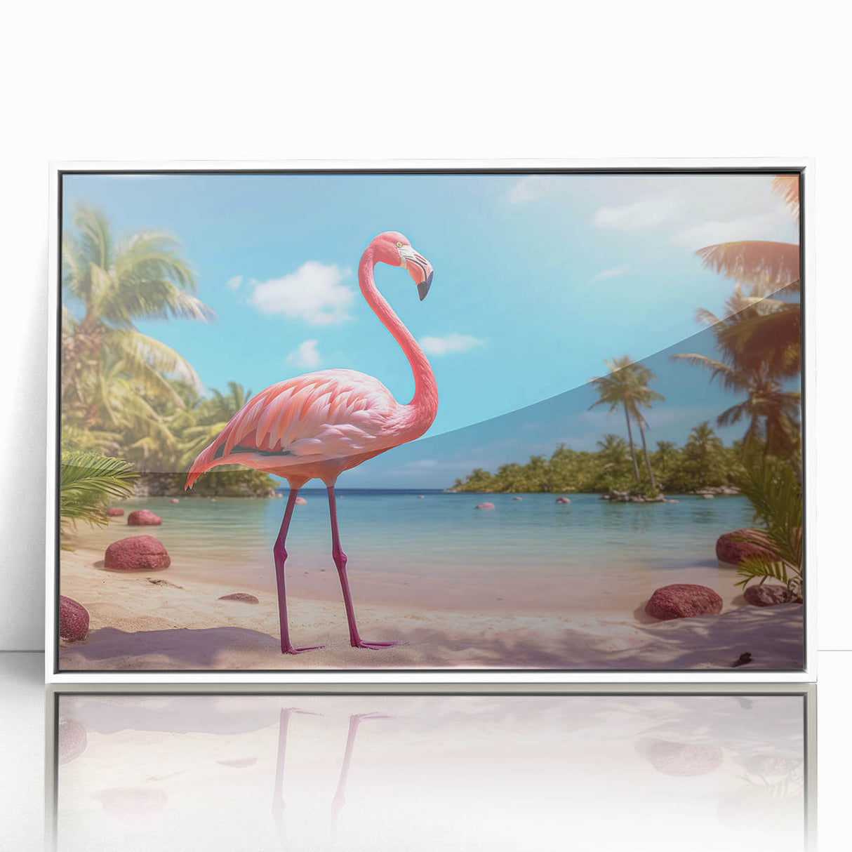 Framed wall art featuring a vibrant flamingo design on a white background, showcasing intricate details and elegant colors, ideal for modern home decor.