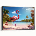 Framed canvas wall art showcasing a vibrant flamingo design, featuring a sleek black frame and side view display, ideal for modern home decor.
