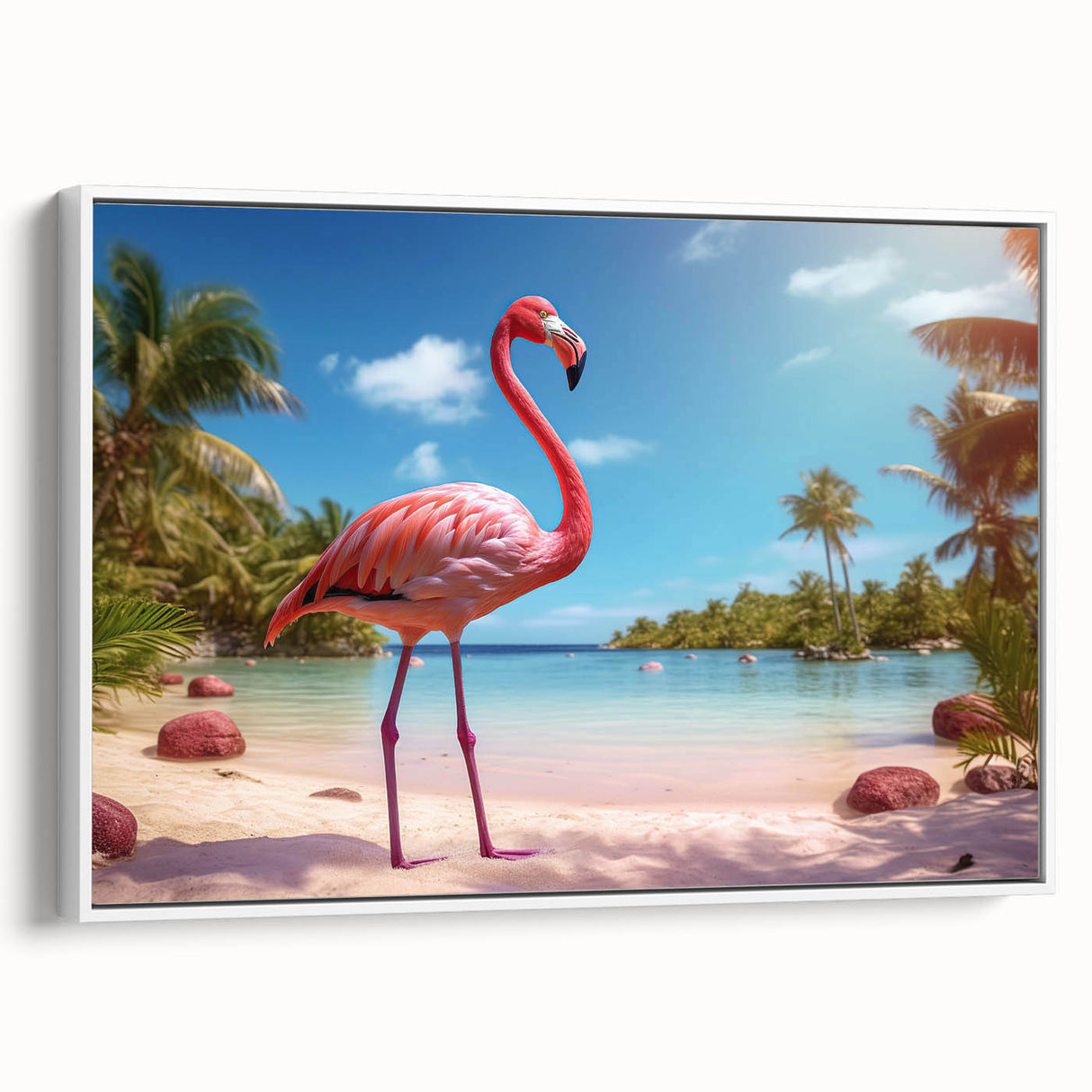 Framed wall art showcasing a vibrant flamingo design with a white border, ideal for tropical-themed decor. Perfect for adding a splash of color to living spaces.