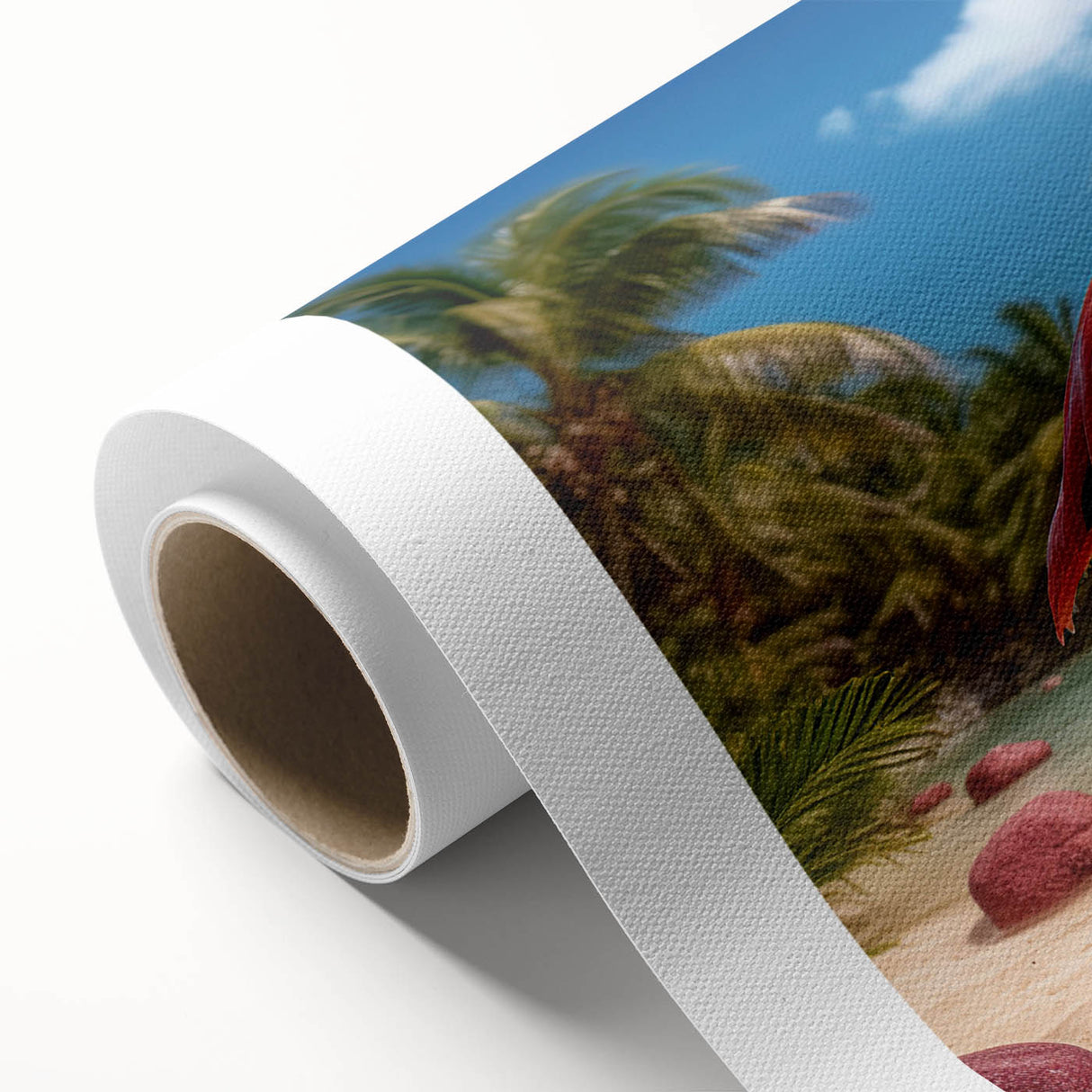 Flamingo-themed wall art on rolled canvas showcasing vibrant pink and green colors, ideal for tropical decor. Perfect for adding a lively touch to any room.