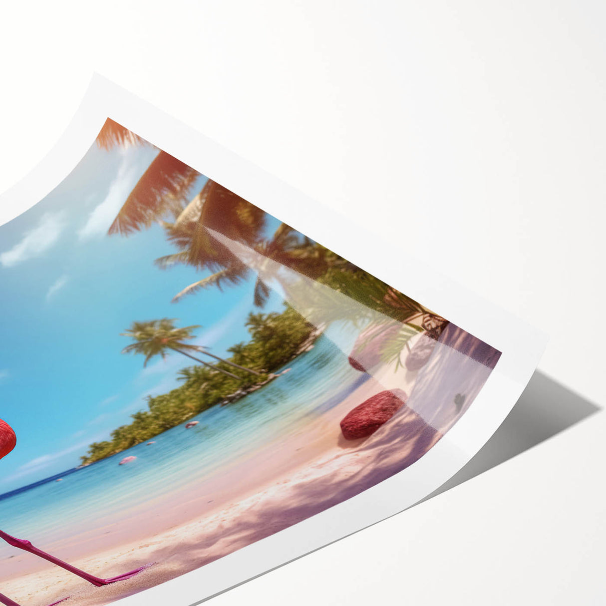 Flamingo wall art design on rolled canvas print, showcasing vibrant pink hues and intricate details, perfect for adding a tropical touch to home decor.