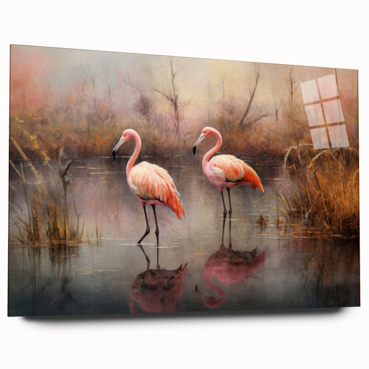 Flamingo-themed wall art collection featuring vibrant pink and white acrylic designs displayed in a sleek glass frame, showcasing a modern decor aesthetic.