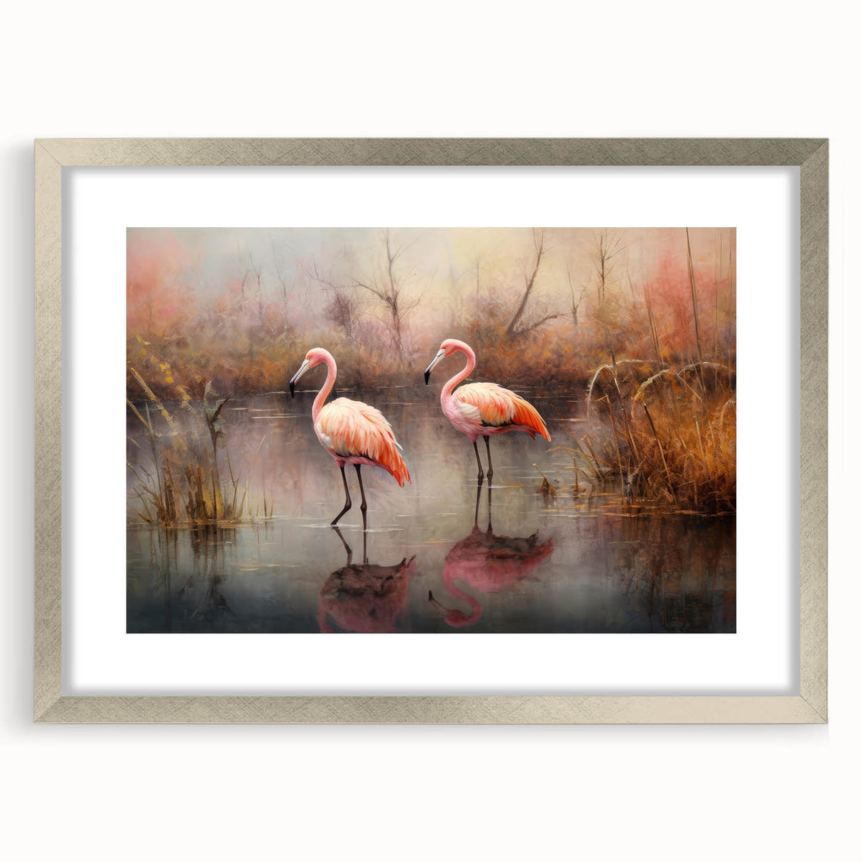Framed wall art featuring a vibrant flamingo design, set in a sleek silver frame with a mat, perfect for adding a tropical touch to home decor.