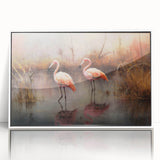 Framed wall art featuring a vibrant flamingo design with a white acrylic frame, showcasing a colorful tropical scene ideal for home decor. Perfect for adding a touch of nature-inspired elegance to any room.