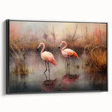 Framed canvas wall art featuring a vibrant flamingo design in pink and black, showcasing a stylish side view. Ideal for modern home decor and tropical-themed interiors.