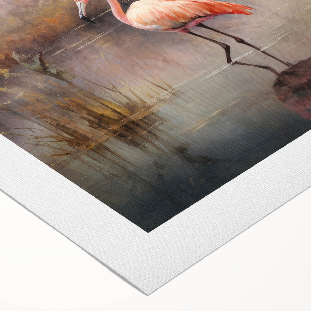 Colorful rolled canvas art depicting a vibrant flamingo design, ideal for home decor. The artwork showcases intricate details and bright hues, perfect for adding a tropical touch to any space.