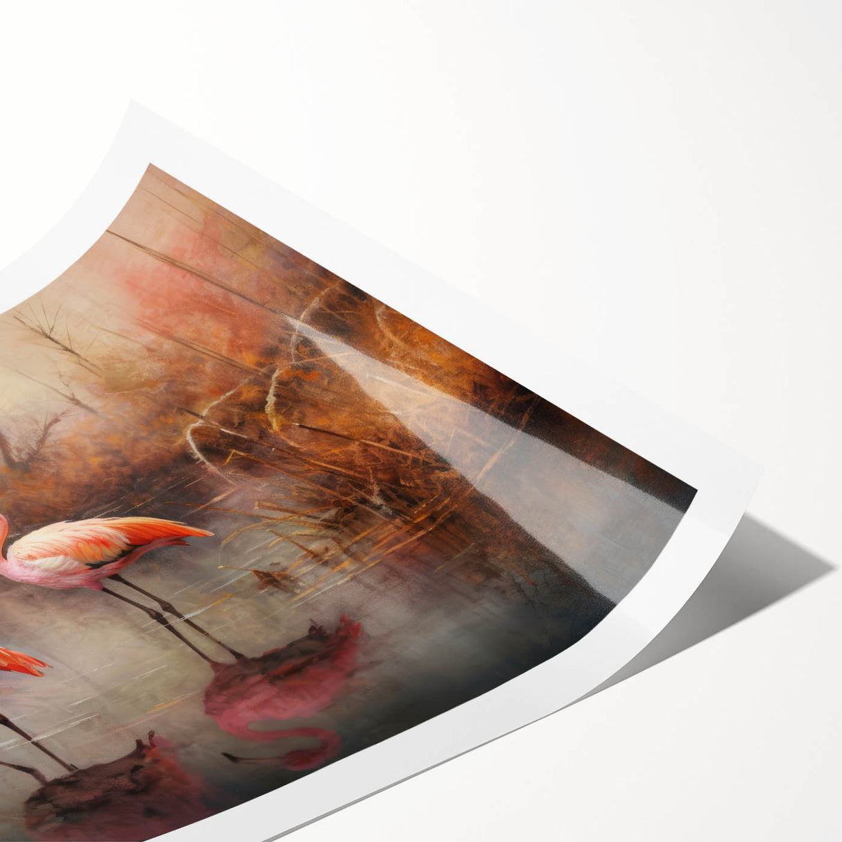 Flamingo-themed wall art print featuring vibrant pink and orange hues, rolled and ready for display, showcasing a tropical design perfect for home decor.