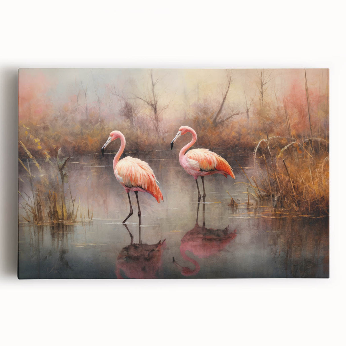 Flamingo-themed stretched canvas wall art featuring vibrant pink and green colors, perfect for adding a tropical touch to home decor. Ideal for bird lovers and nature enthusiasts.