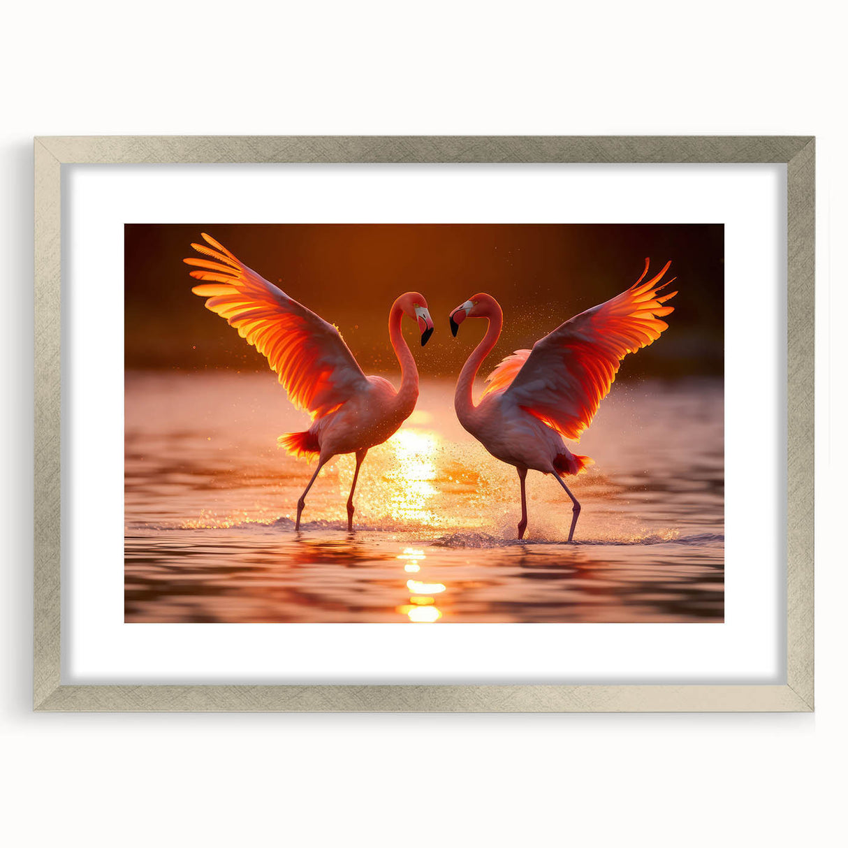 Framed wall art featuring a vibrant flamingo design, elegantly presented with a silver frame and mat, perfect for enhancing modern home decor.