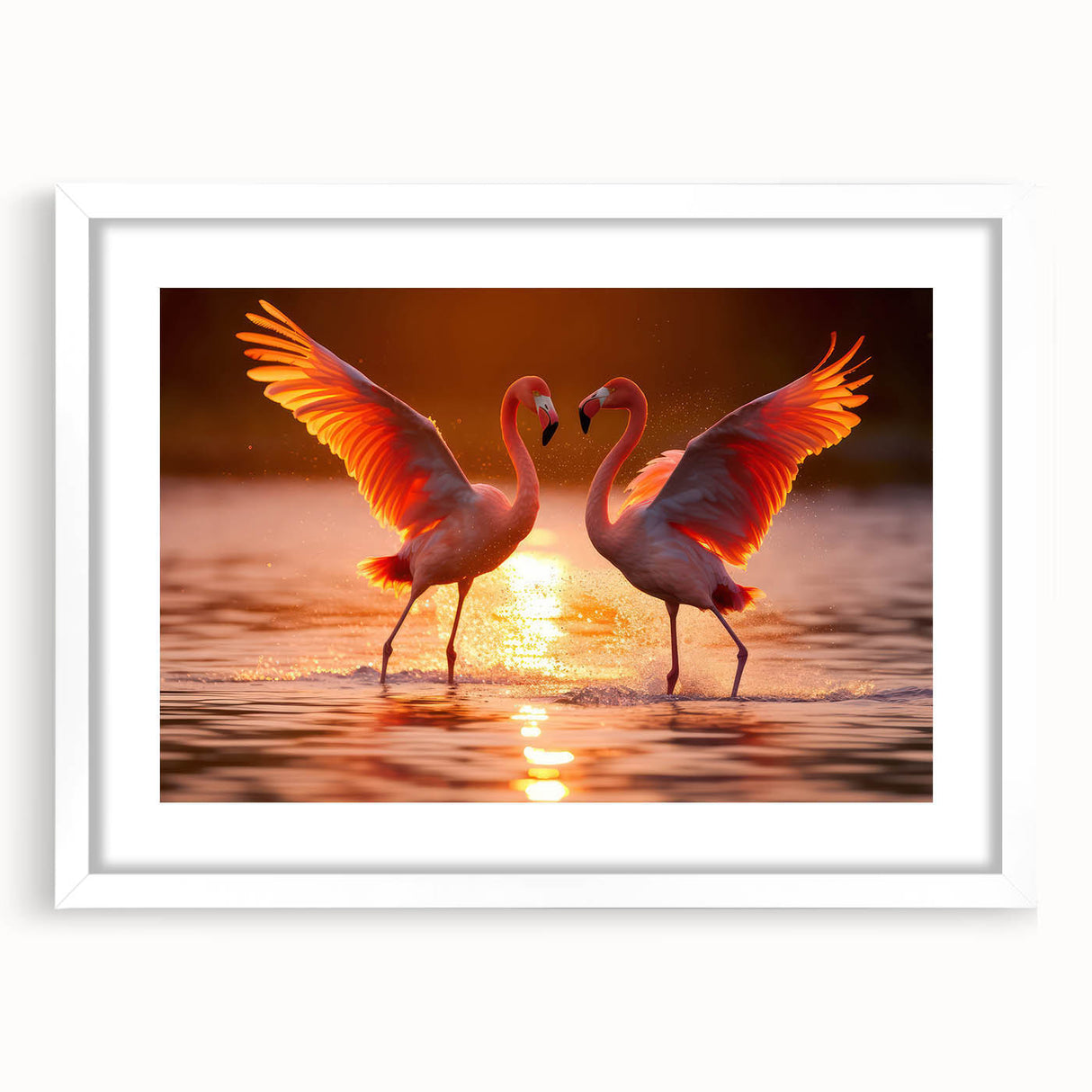 Framed wall art showcasing a vibrant flamingo design with a white mat, ideal for adding a pop of color to modern home decor. The piece is elegantly displayed from the front, highlighting its intricate details and stylish finish, perfect for bird lovers and art enthusiasts.