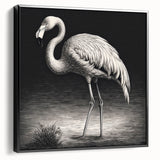 Framed canvas wall art featuring a vibrant flamingo design in shades of pink and green, showcasing a black frame from a side view, perfect for contemporary decor.