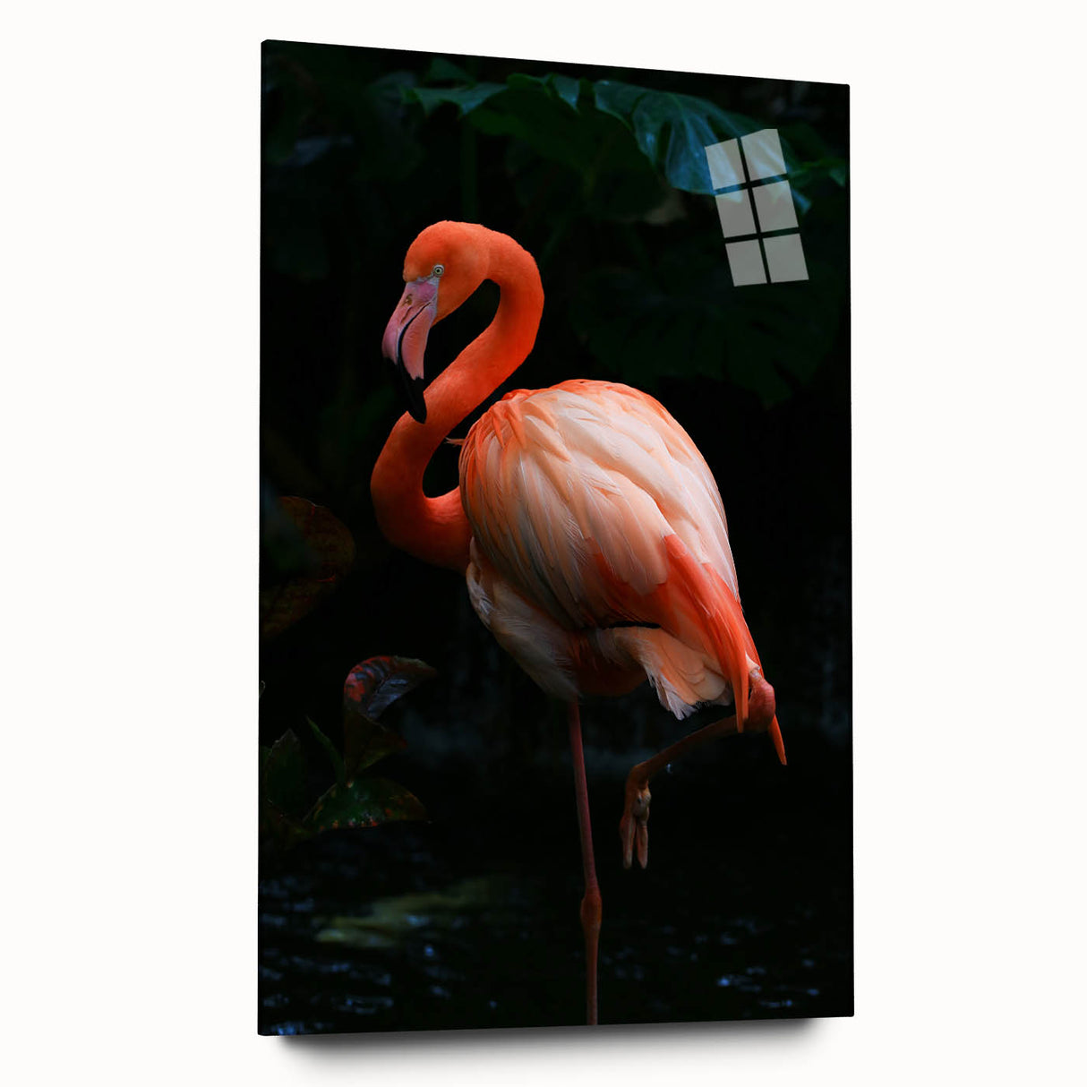 Flamingo-themed wall art design displayed in an acrylic glass frame, showcasing vibrant pink hues and elegant details, perfect for modern home decor.