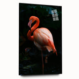 Flamingo-themed wall art design displayed in an acrylic glass frame, showcasing vibrant pink hues and elegant details, perfect for modern home decor.