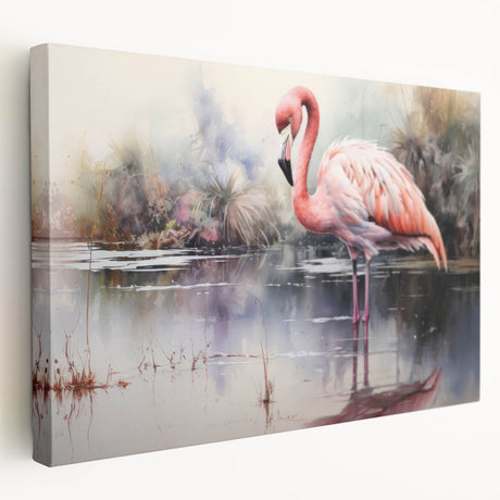 Vibrant flamingo-themed wall art design on stretched canvas, showcasing colorful birds against a serene background, perfect for home decor enhancement.
