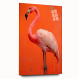 Flamingo design wall art collection displayed in acrylic glass, showcasing vibrant pink and green colors. Ideal for enhancing modern home decor and tropical themes.