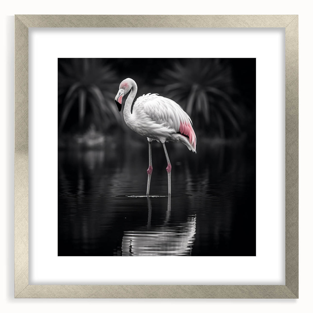 Flamingo-themed wall art framed in silver, showcasing vibrant pink and green colors against a white background, perfect for adding a tropical touch to home decor.