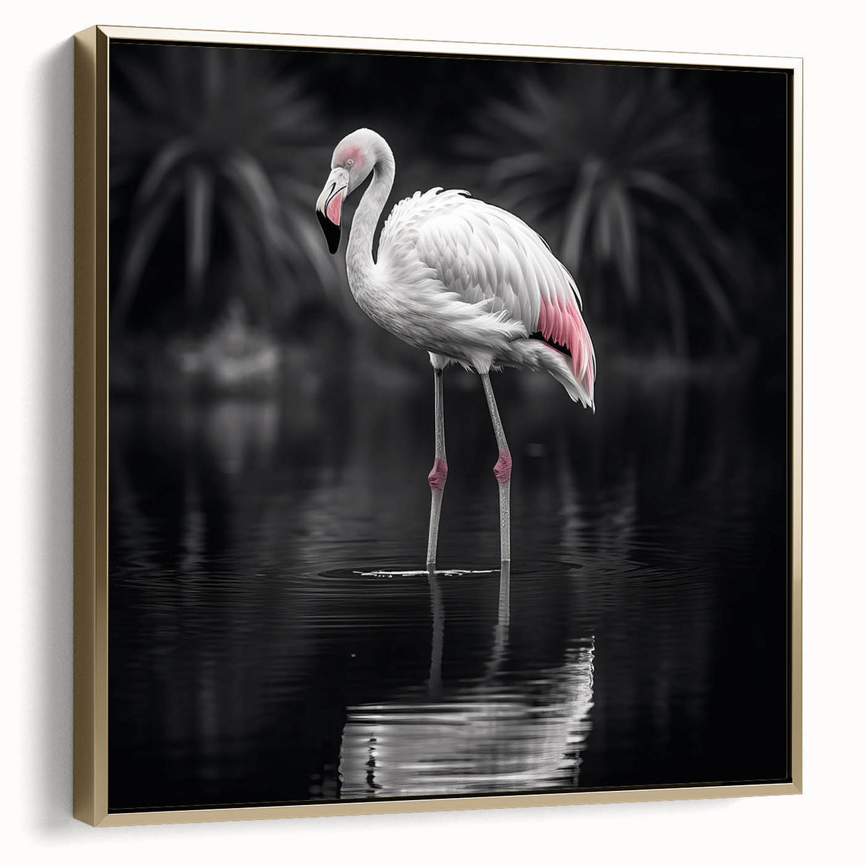 Framed canvas wall art featuring a vibrant flamingo design in gold tones, showcasing elegant tropical aesthetics, perfect for home decor enhancement.