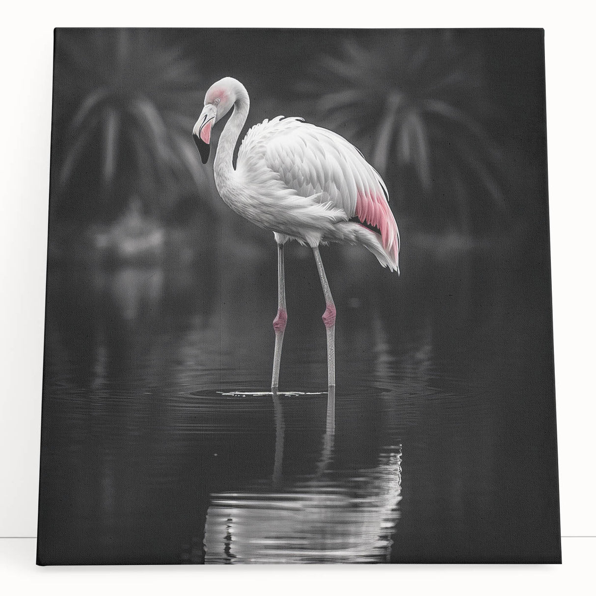 Flamingo-themed stretched canvas wall art design showcasing vibrant pink and green colors, elegantly leaning against a white wall, perfect for modern decor.