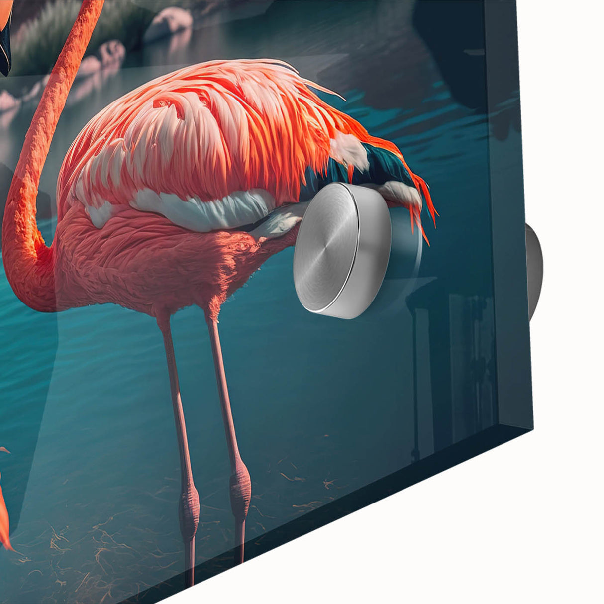 Close-up of a vibrant flamingo-themed wall art piece, featuring intricate design details on acrylic glass, perfect for adding a tropical touch to home decor.