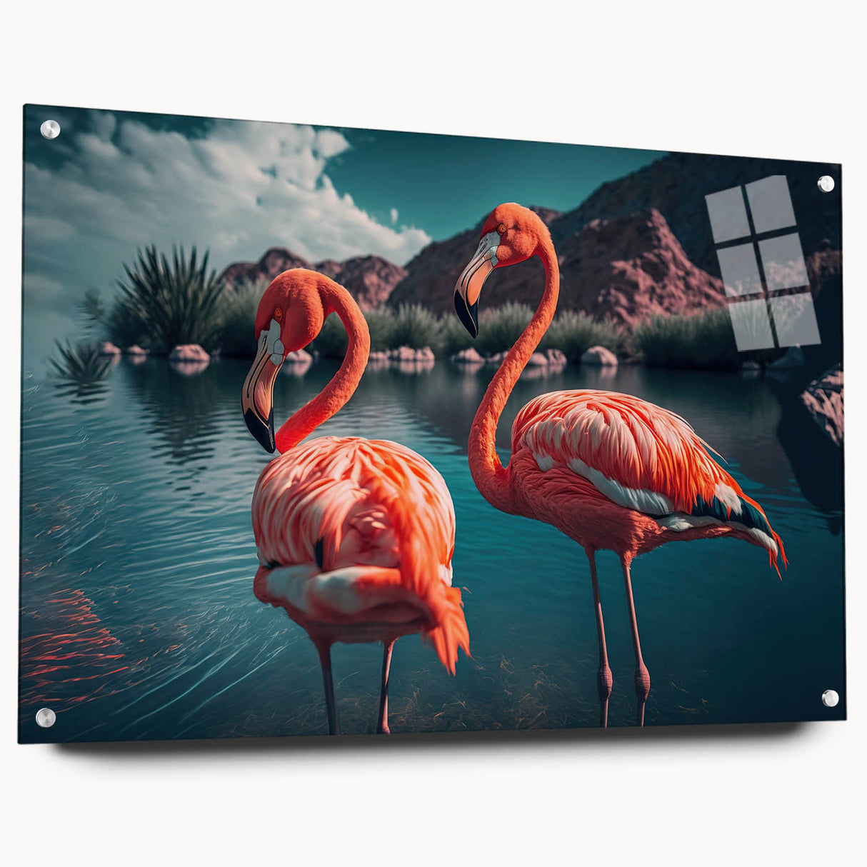 Flamingo design wall art collection displayed in acrylic glass, featuring vibrant pink hues and intricate details, perfect for enhancing modern decor.