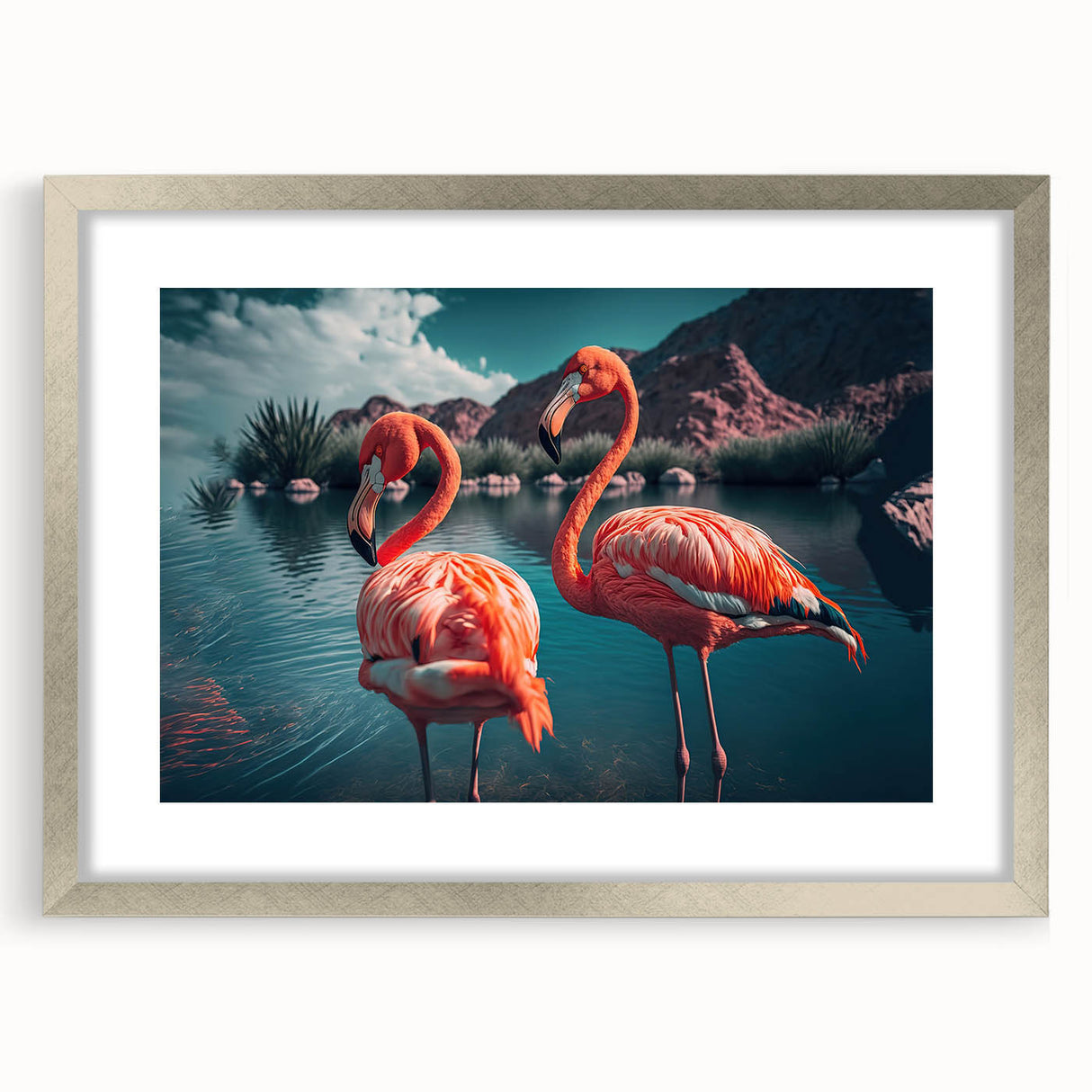 Framed wall art featuring a beautiful flamingo design in soft pinks and greens, elegantly matted and set in a sleek silver frame, perfect for home decor.