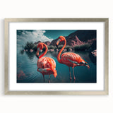 Framed wall art featuring a beautiful flamingo design in soft pinks and greens, elegantly matted and set in a sleek silver frame, perfect for home decor.