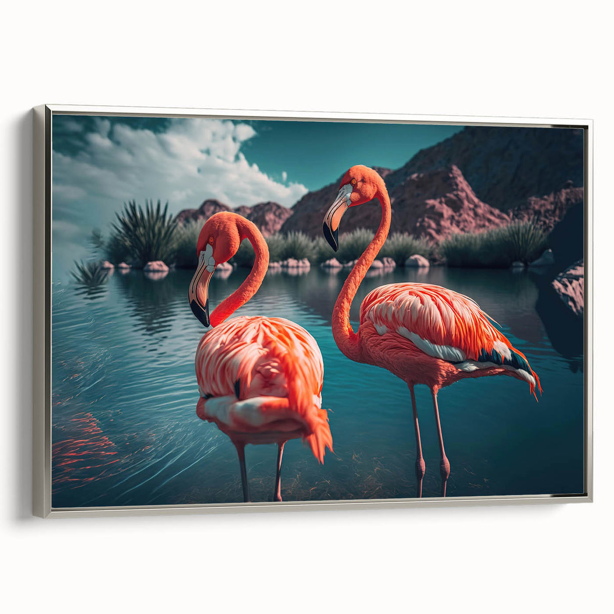 Framed canvas wall art featuring vibrant flamingo design in shades of pink and silver, elegantly displayed from a side view against a neutral backdrop.
