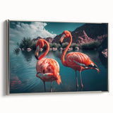 Framed canvas wall art featuring vibrant flamingo design in shades of pink and silver, elegantly displayed from a side view against a neutral backdrop.