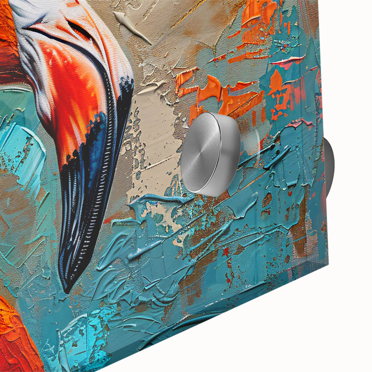 Close-up of a vibrant flamingo wall art design, showcasing intricate details and colors on acrylic glass, perfect for enhancing modern decor aesthetics.