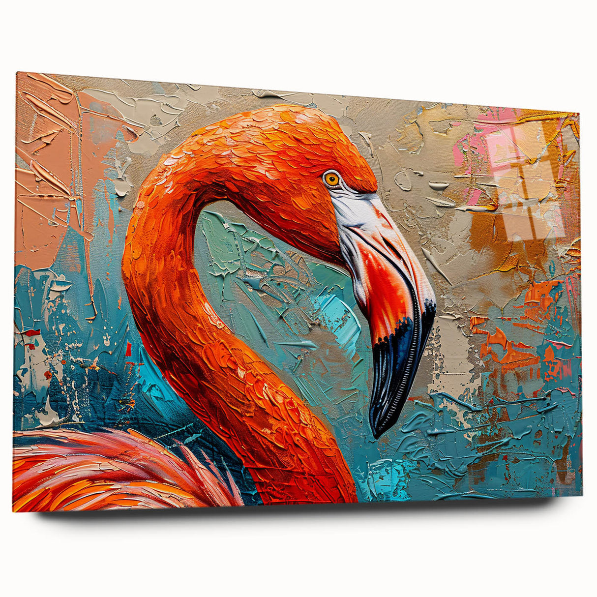Vibrant acrylic glass wall art featuring a colorful flamingo design, showcasing intricate details and a modern aesthetic, ideal for contemporary home decor.