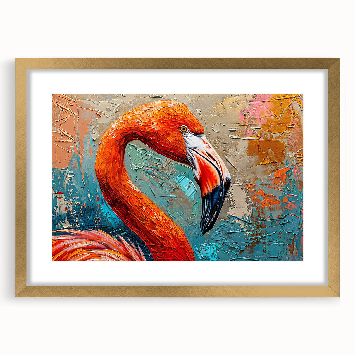 Framed wall art featuring a vibrant flamingo design with a gold mat, showcasing tropical aesthetics perfect for modern home decor. Ideal for bird lovers.
