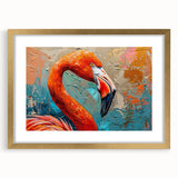 Framed wall art featuring a vibrant flamingo design with a gold mat, showcasing tropical aesthetics perfect for modern home decor. Ideal for bird lovers.