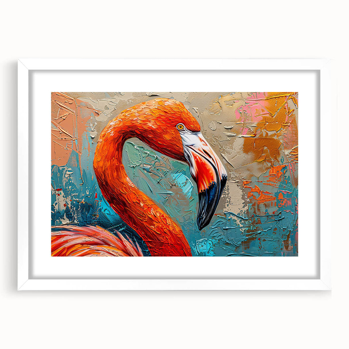 Framed wall art featuring a vibrant flamingo design, set in a white mat, showcasing tropical colors and elegant details, perfect for home decor accents.