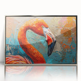 Framed wall art featuring a vibrant flamingo design in shades of pink and green, elegantly displayed in a silver-acrylic frame, ideal for contemporary decor.