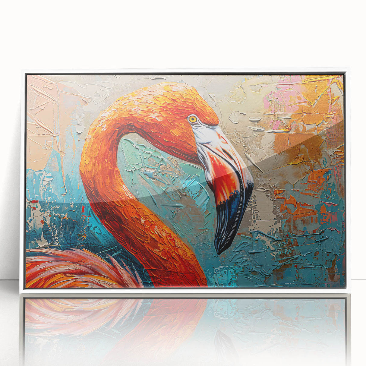 Framed wall art featuring a vibrant flamingo design in a contemporary style, showcasing a white border and acrylic finish, perfect for modern home decor.