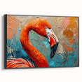 Framed canvas wall art featuring a vibrant flamingo design, showcasing intricate details and colors, with a sleek black frame, perfect for home decor.