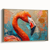 Framed canvas wall art showcasing a vibrant flamingo design with gold accents, set against a minimalist backdrop, perfect for modern home decor.