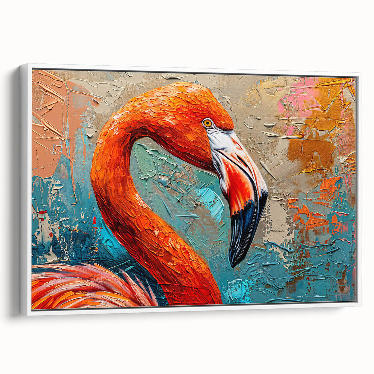 Framed canvas wall art featuring a vibrant flamingo design against a white background, showcasing a side view with elegant colors, ideal for tropical-themed decor.
